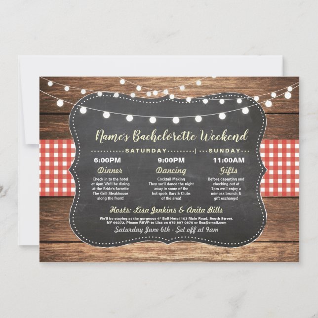 Invitación Bachelorette Bridal Shower Itinerario Rojo Chalak (Anverso)