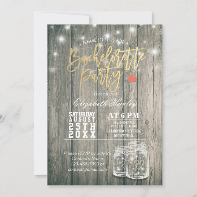 Invitación Bachelorette Bridal Shower Rustic Wood Mason Jars (Anverso)