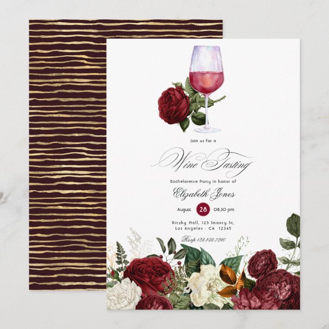 Invitación Bachelorette con temática de vino floral de borgoñ (Anverso / Reverso)