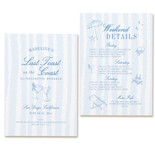 Invitación Bachelorette Costera Última Tostada Tiras Drenadas (coastal bachelorette party invitation last toast on the coast hand drawn stripes blue itinerary)