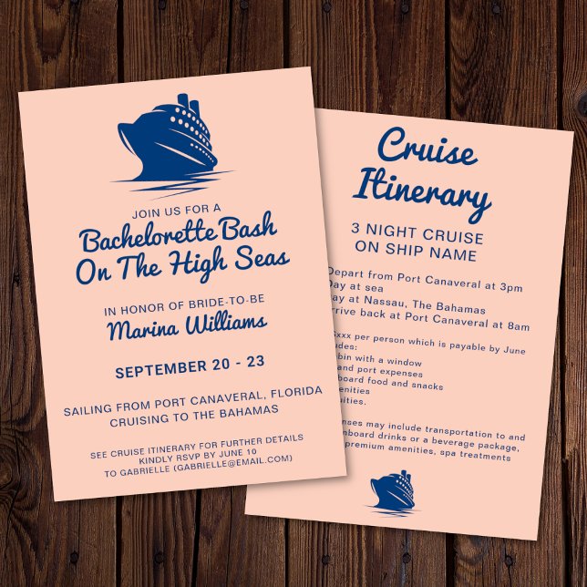 Invitación Bachelorette Cruise Naval Y Peach Itinerario (Bachelorette cruise invitation with itinerary. In a navy and peach color palette. )