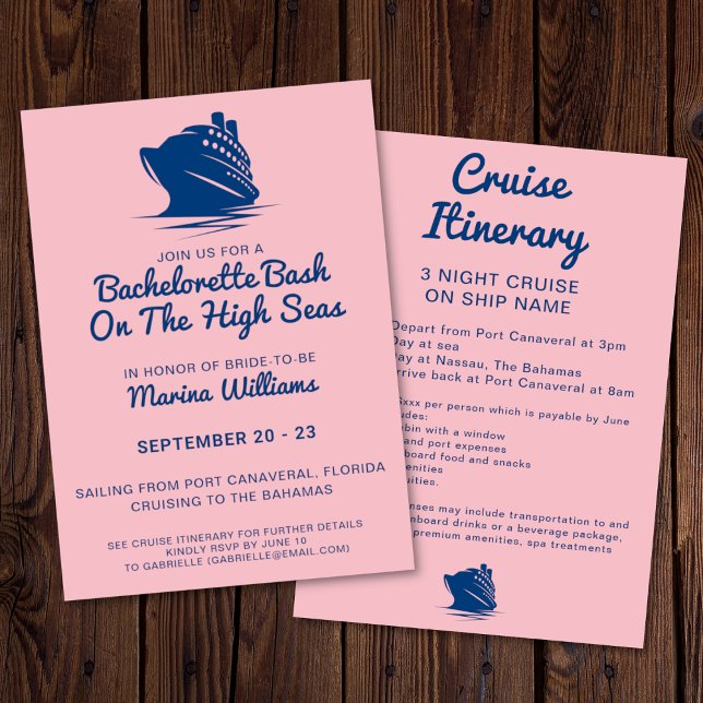 Invitación Bachelorette Cruise Naval Y Pink Itinerary (Bachelorette cruise invitation with itinerary. In a navy and pink color palette. )