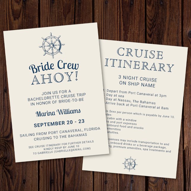 Invitación Bachelorette Cruise Trip Bride Crew Ahoy Itinerary (Bride crew ahoy! Bachelorette cruise trip invitation on a dark wooden background. )