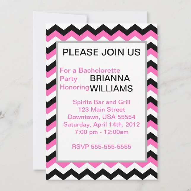 Invitación Bachelorette de Chevron rosa y negro personalizada (Anverso)