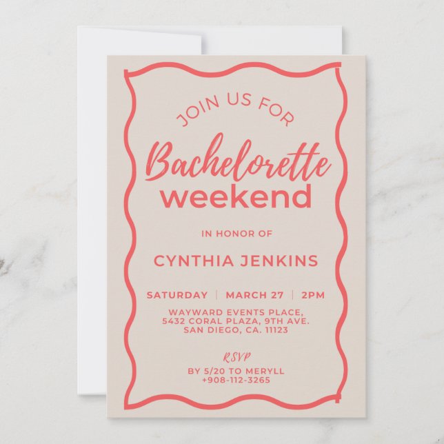 Invitación Bachelorette de fin de semana de onda rosa y roja (Anverso)