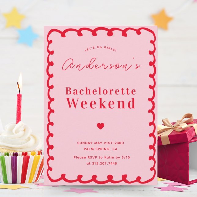 Invitación Bachelorette de fin de semana de onda rosa y roja (Subido por el creador)