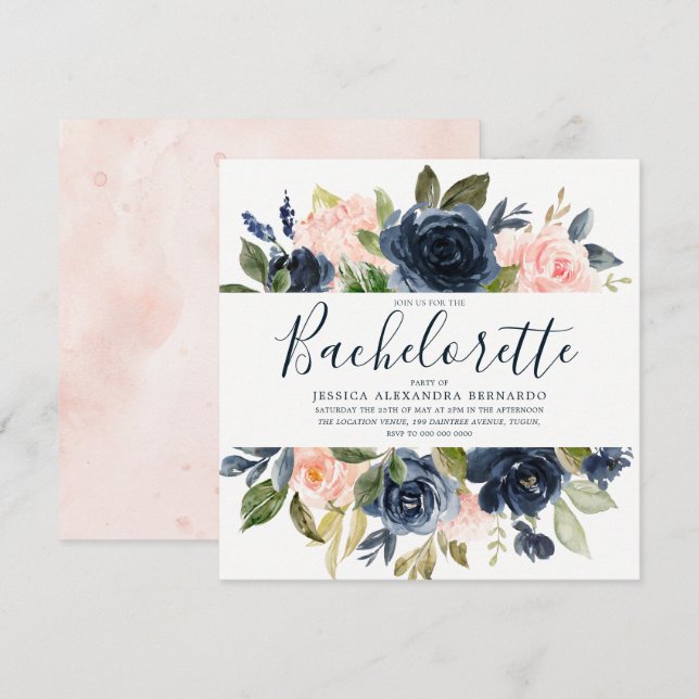 Invitación Bachelorette de Flores Azules Rosadas y de Marina (Anverso / Reverso)
