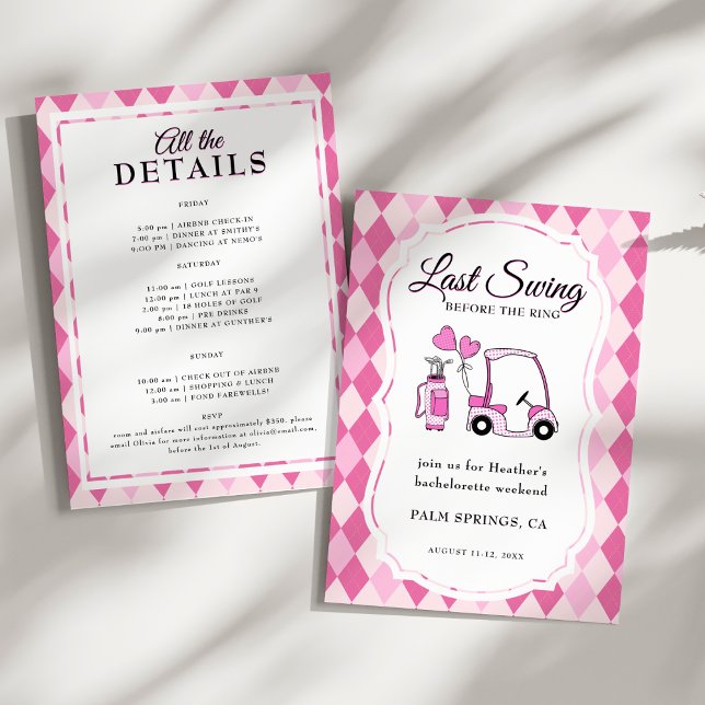 Invitación Bachelorette de Golf Last Swing Pink Argyle (Last Swing Before the Ring! Pink Argyle Golf-Themed Bachelorette Weekend Invitation)