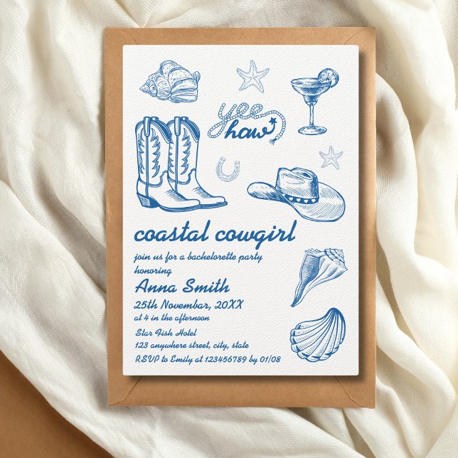 Invitación Bachelorette de la Mano Azul Costera Escrita (coastal cowgirl bachelorette party invitation)