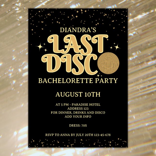 Invitación Bachelorette de la última disco retro Gold Purpuri (Last disco retro golden glitter bachelorette party invitation)