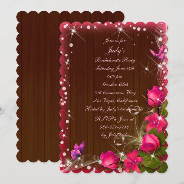 Invitación Bachelorette de mariposa floral rosada de madera r (Anverso / Reverso)