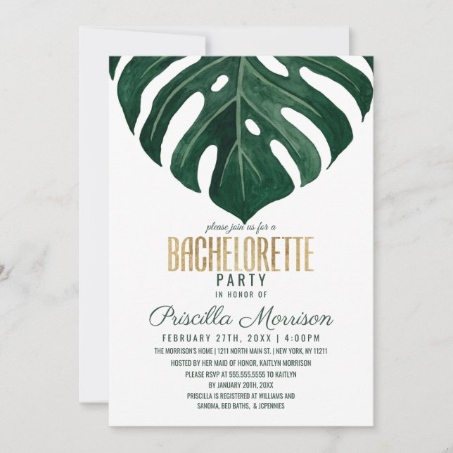 Invitación Bachelorette de oro de queso suizo tropical modern (Anverso)