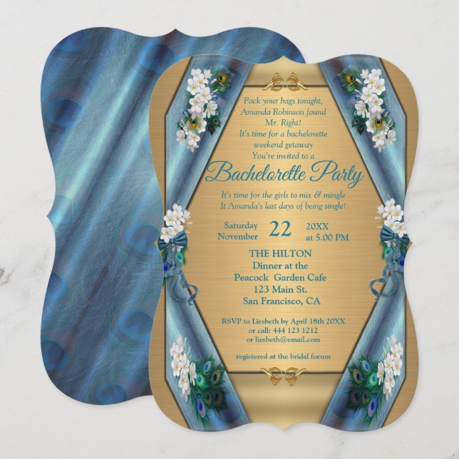 Invitación Bachelorette de oro y seda metálica verde esmerald (Anverso / Reverso)