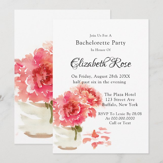 Invitación Bachelorette de Peonies Rosadas (Anverso / Reverso)