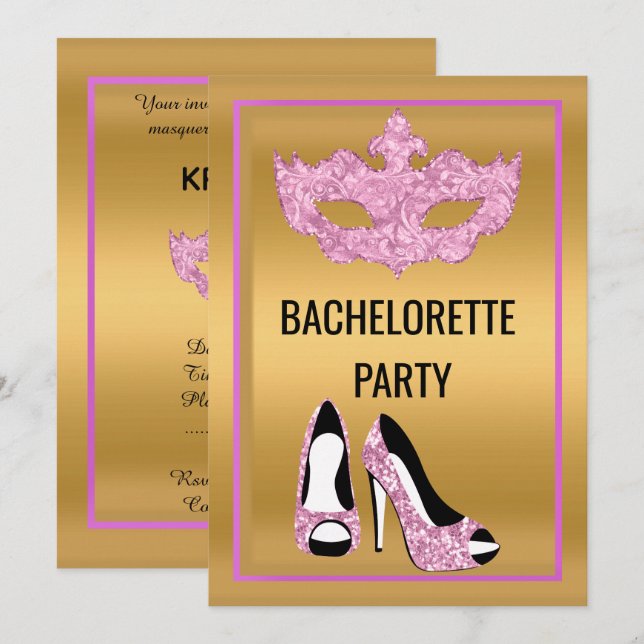 INVITACIÓN BACHELORETTE DE ROSA DE ORO ALEGA A FIESTA MASQUER (Anverso / Reverso)