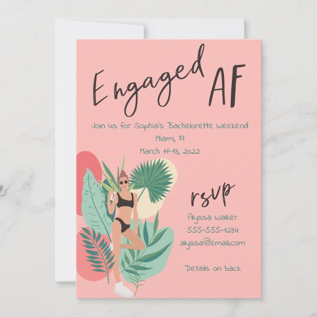 Invitación Bachelorette de verano rosada y negra comprometida (Anverso)