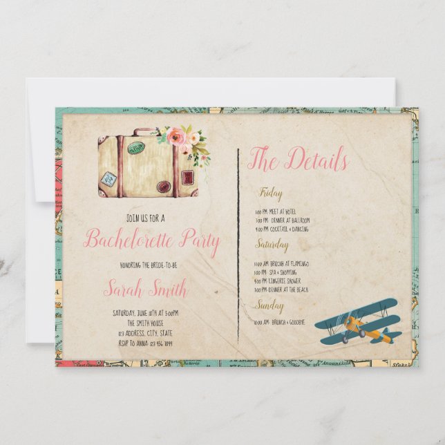 Invitación Bachelorette del tema del viaje con el tem (Anverso)