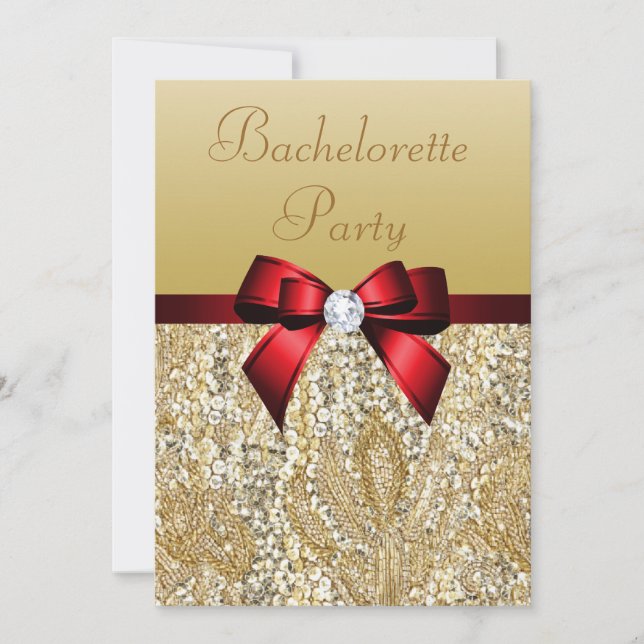 Invitación Bachelorette Faux Gold Secuencia Royal Red Bow (Anverso)