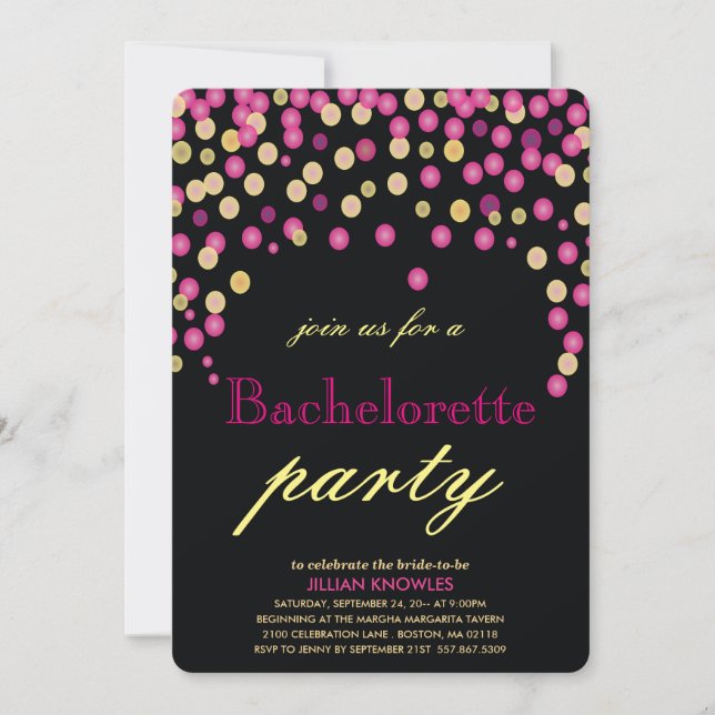 Invitación Bachelorette Faux Pink Confetti Fiesta (Anverso)