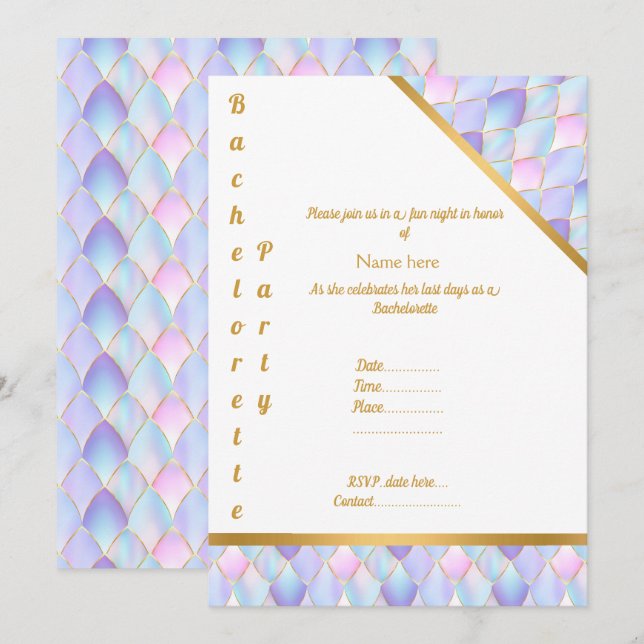 INVITACIÓN BACHELORETTE, FIESTA DE MERMAID BLANCO DE ORO PURP (Anverso / Reverso)