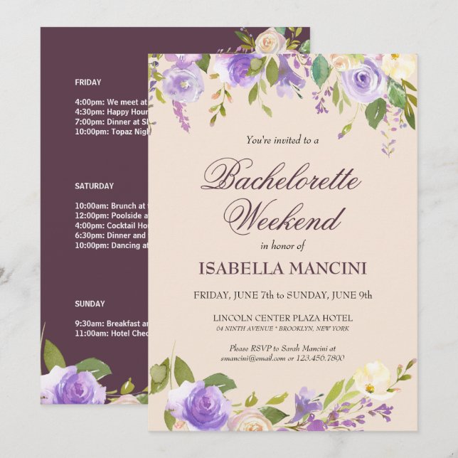 Invitación Bachelorette Fin de Semana Itinerario Elegante Flo (Anverso / Reverso)