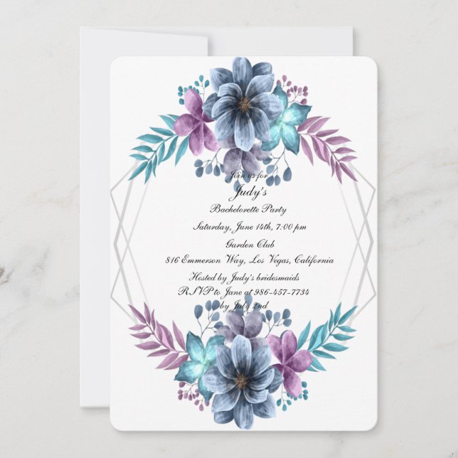 Invitación Bachelorette Floral Azul Y Morada (Anverso)