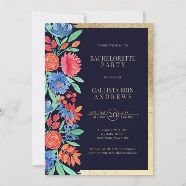 Invitación Bachelorette Floral Coral Blue Gold (Anverso)