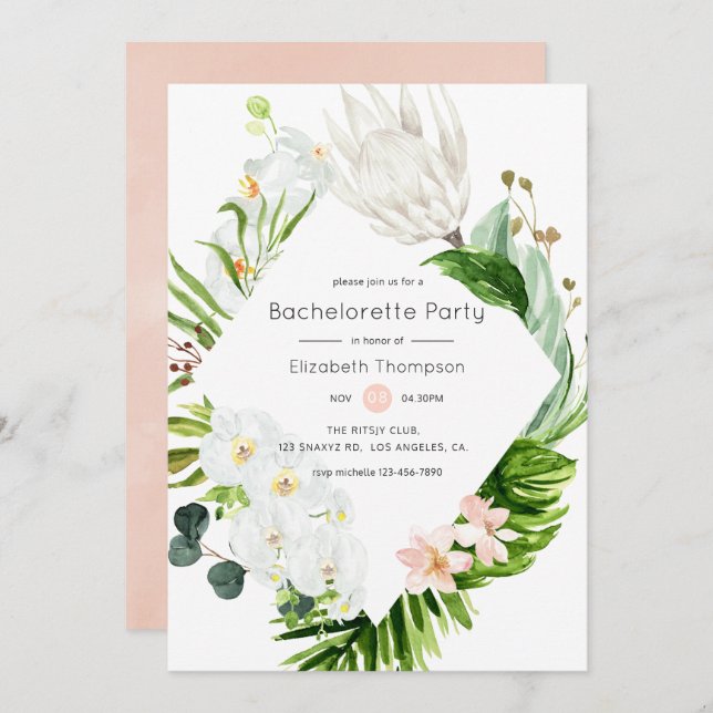 Invitación Bachelorette Floral Tropical Paradise Rubor Lush (Anverso / Reverso)