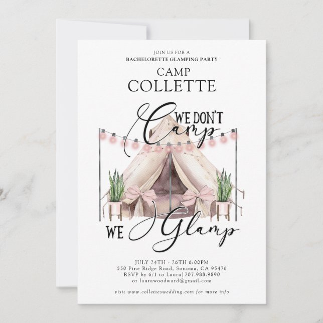 Invitación Bachelorette Glamping Fiesta (Anverso)