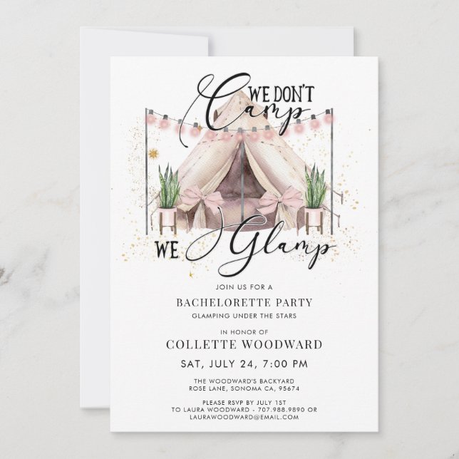 Invitación Bachelorette Glamping Fiesta (Anverso)