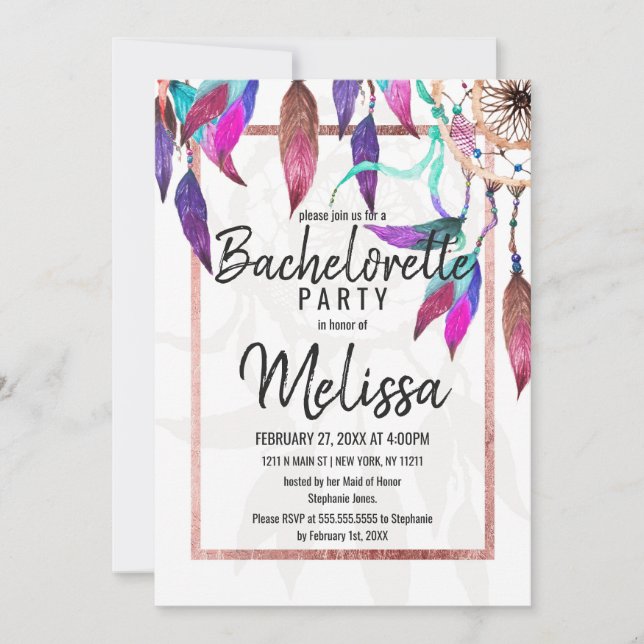 Invitación Bachelorette Gold Rosa Dreamcatcher (Anverso)