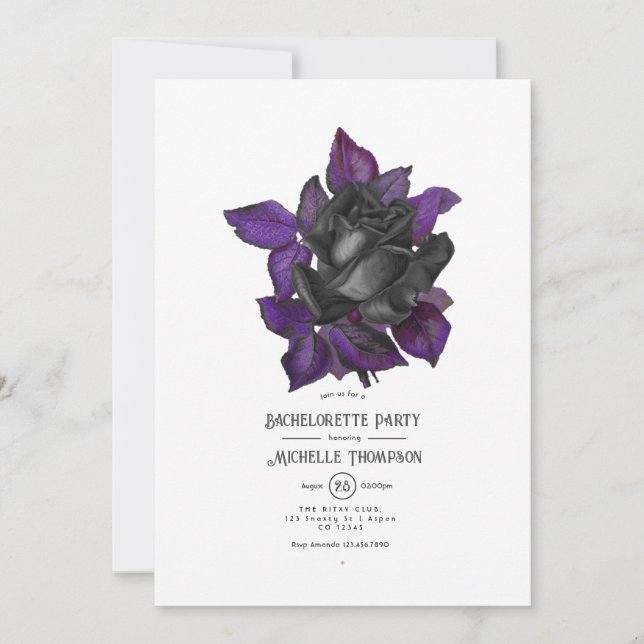 Invitación Bachelorette gótica morada y dorada (Anverso)