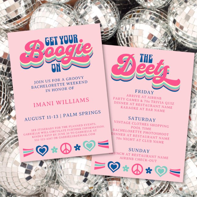 Invitación Bachelorette Groovy Retro Itinerario de fin de sem (Retro groovy get your boogie on bachelorette weekend invitation on a glitterball background.)