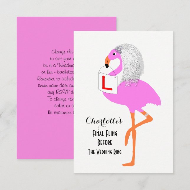 Invitación Bachelorette Hen Fiesta Funny Novia Flamingo Rosa (Anverso / Reverso)