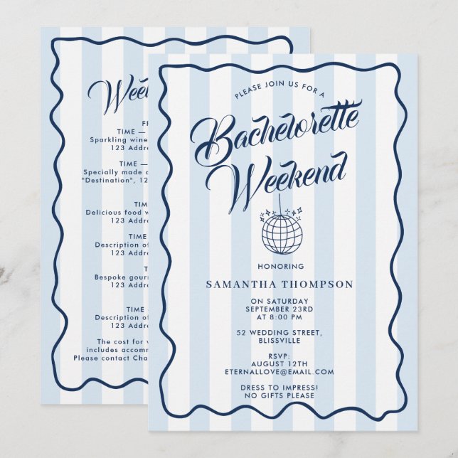 Invitación Bachelorette Itinerary Bach Weekend Disco Party (Anverso / Reverso)