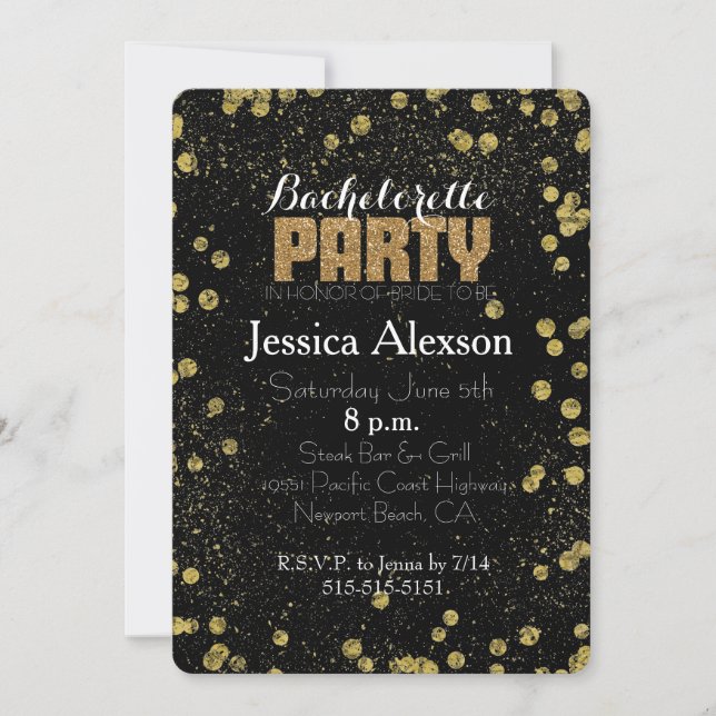 Invitación Bachelorette, la Purpurina de Faux y Confetti negr (Anverso)