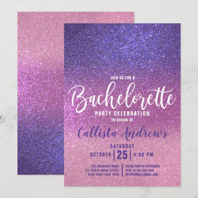 Invitación Bachelorette, la triple Purpurina violeta morada (Anverso / Reverso)