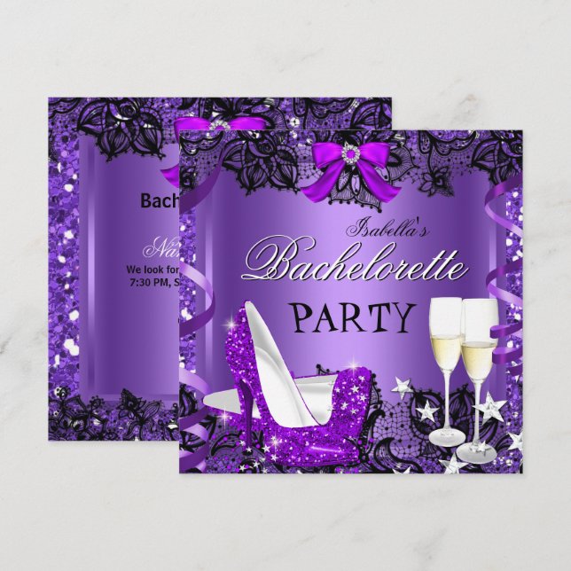 Invitación Bachelorette Lace Morple High Heol Champagne 3 (Anverso / Reverso)
