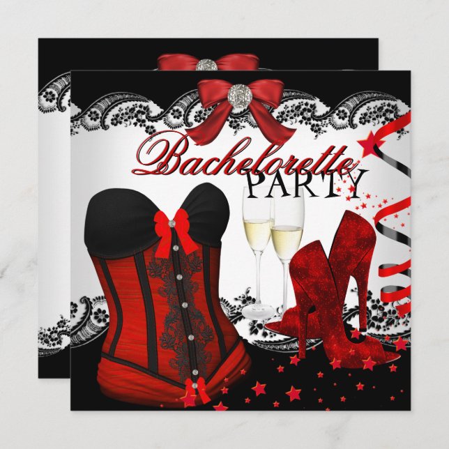 Invitación Bachelorette Lace Red Corset Champagne (Anverso / Reverso)