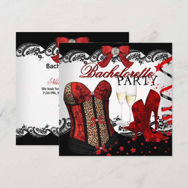 Invitación Bachelorette Lace Red Corset Champagne (Anverso / Reverso)