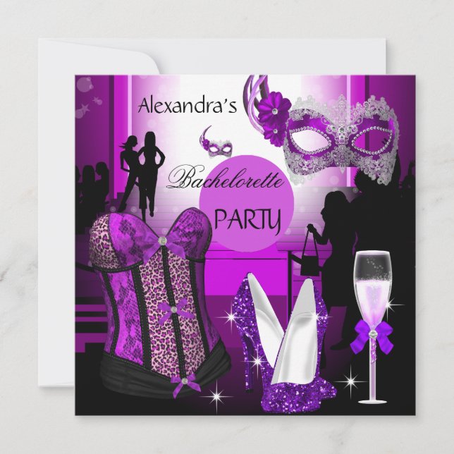 Invitación Bachelorette Leopard Purple Corset Champagne (Anverso)