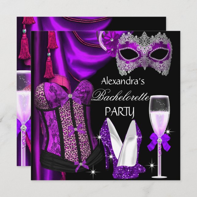 Invitación Bachelorette Leopard Purple Masked Champagne (Anverso / Reverso)