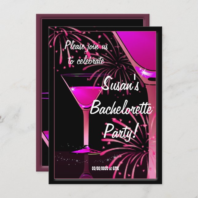 Invitación Bachelorette Martini Fiesta rosado (Anverso / Reverso)