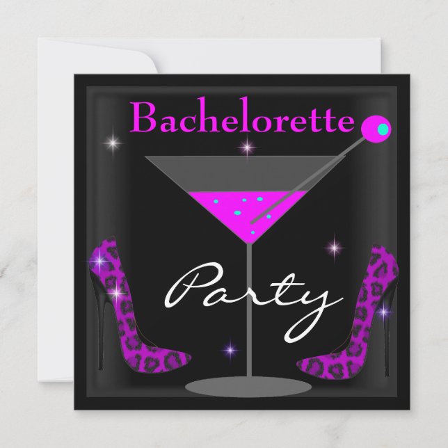 Invitación Bachelorette Morado Pink Black Martini Zapatos (Anverso)