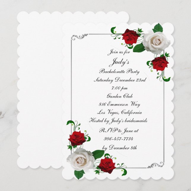 Invitación Bachelorette Navidades de Roses Rojas y Blancas (Anverso / Reverso)