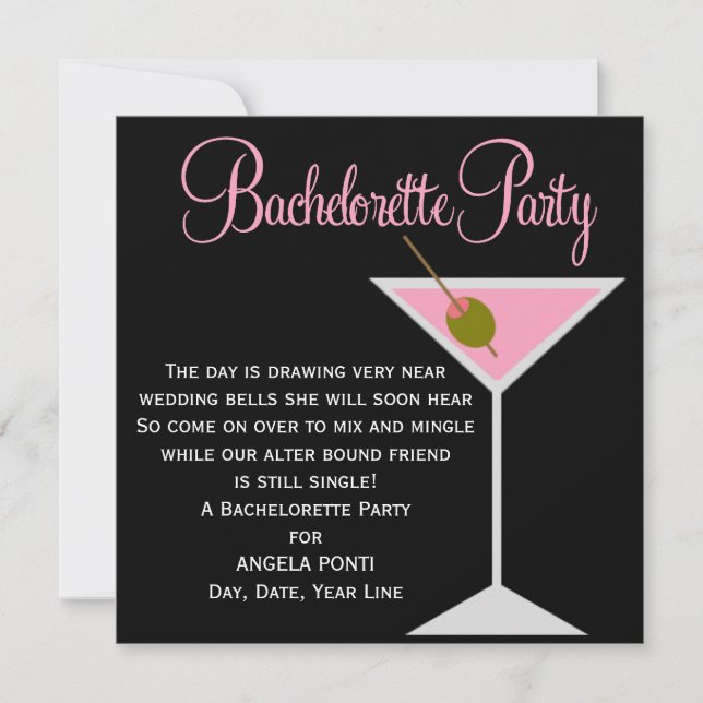 Invitación Bachelorette negra y rosa (Anverso)