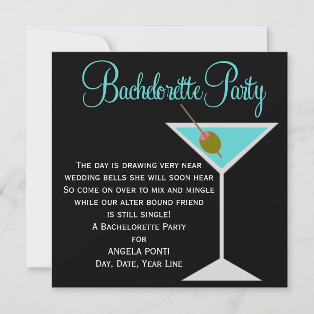 Invitación Bachelorette negra y Verde azulada (Anverso)
