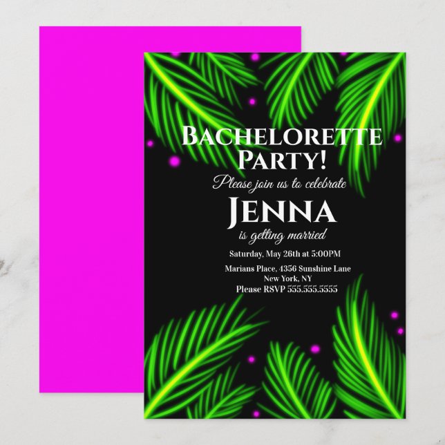 Invitación Bachelorette Neon Palm Leaf Tropical Bridal Shower (Anverso / Reverso)