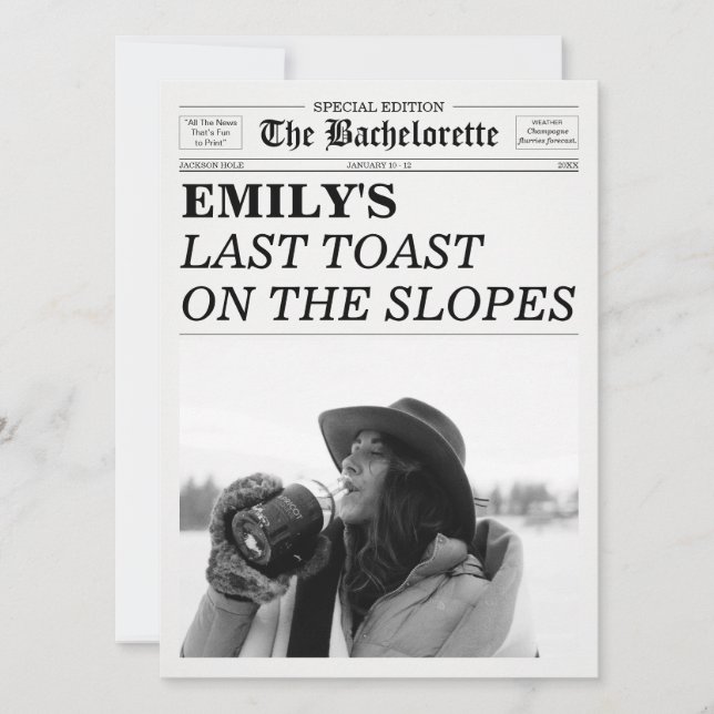 Invitación Bachelorette Newspaper Last Toast On The Slopes  (Anverso)