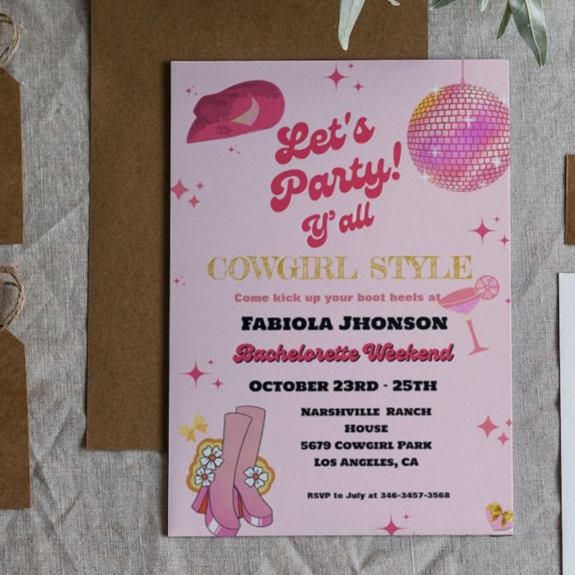 Invitación Bachelorette Occidental Retro Pink Disco (Subido por el creador)